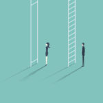 Business woman versus man corporate ladder career concept vector illustration